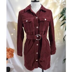 Topshop Corduroy Belted Button Mini Dress Womens Size 2 Petite Burgundy Red Fall